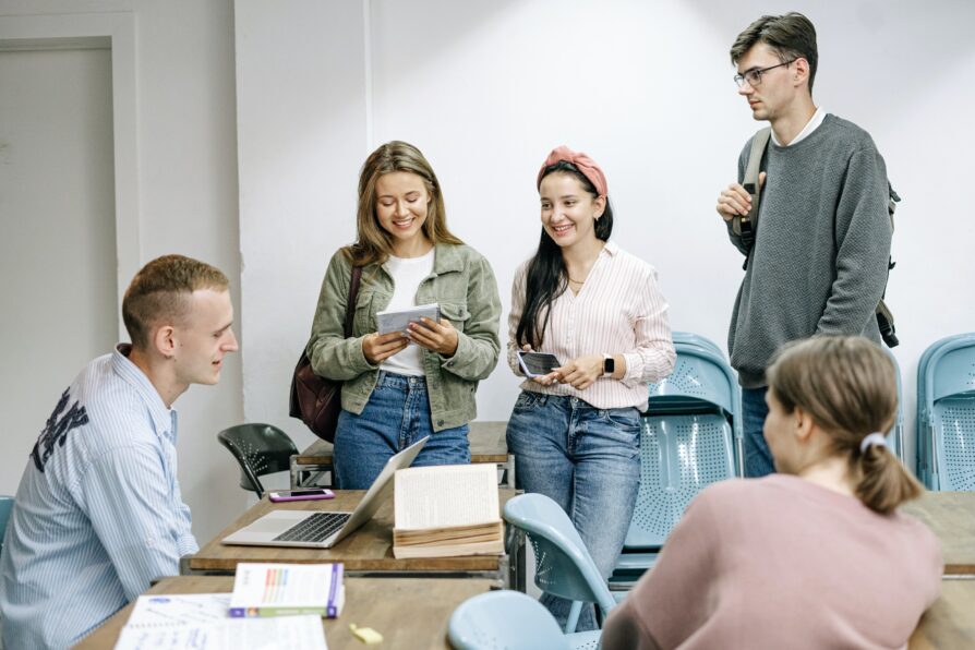 group of students doing group study for virtual school in portland