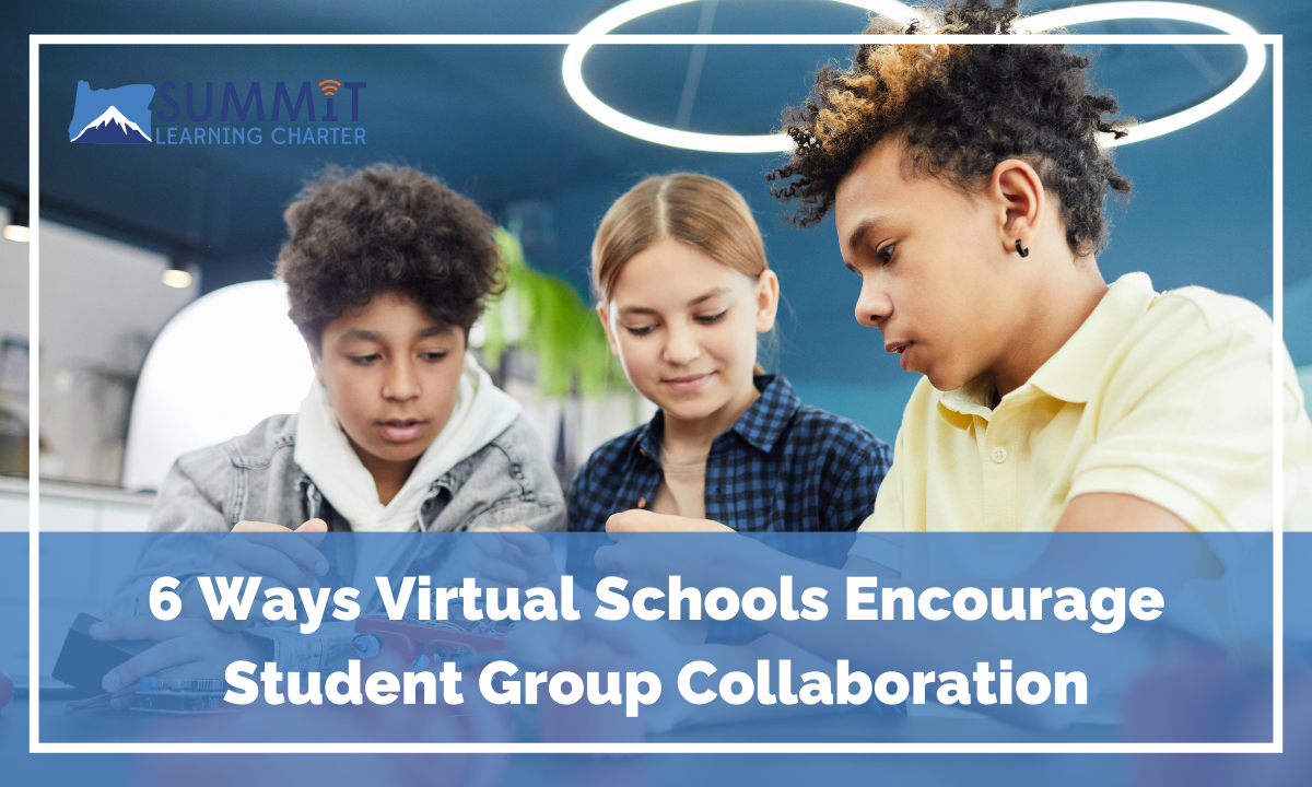 Estudiantes colaborando en un proyecto grupal para una escuela virtual en Oregon.